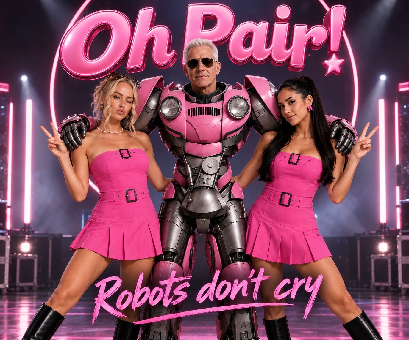 Oh Pair! — Robots Don't Cry cover: Mathias in a pink robot suit flanked by Amber and Elena.